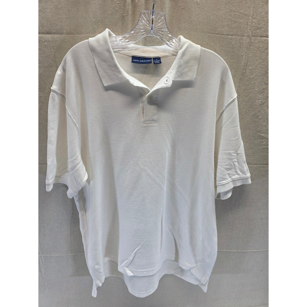 John Ashford Mens Large White 100% Cotton Pique Short Sleeve Polo Shirt L
